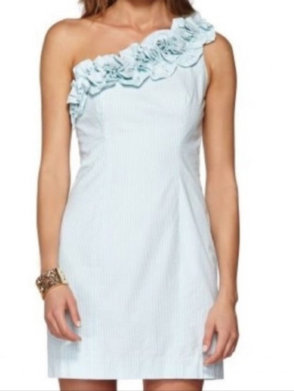 Lilly Pulitzer Sz 8 Blue White Dress Ruffle One Shoulder Dress